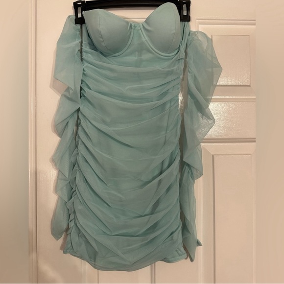 EUC—- OH POLLY TEAL CHAMBERY UNDERWIRE BARDOT MINI DRESS - US Size 2 SKU:114 - Picture 12 of 16
